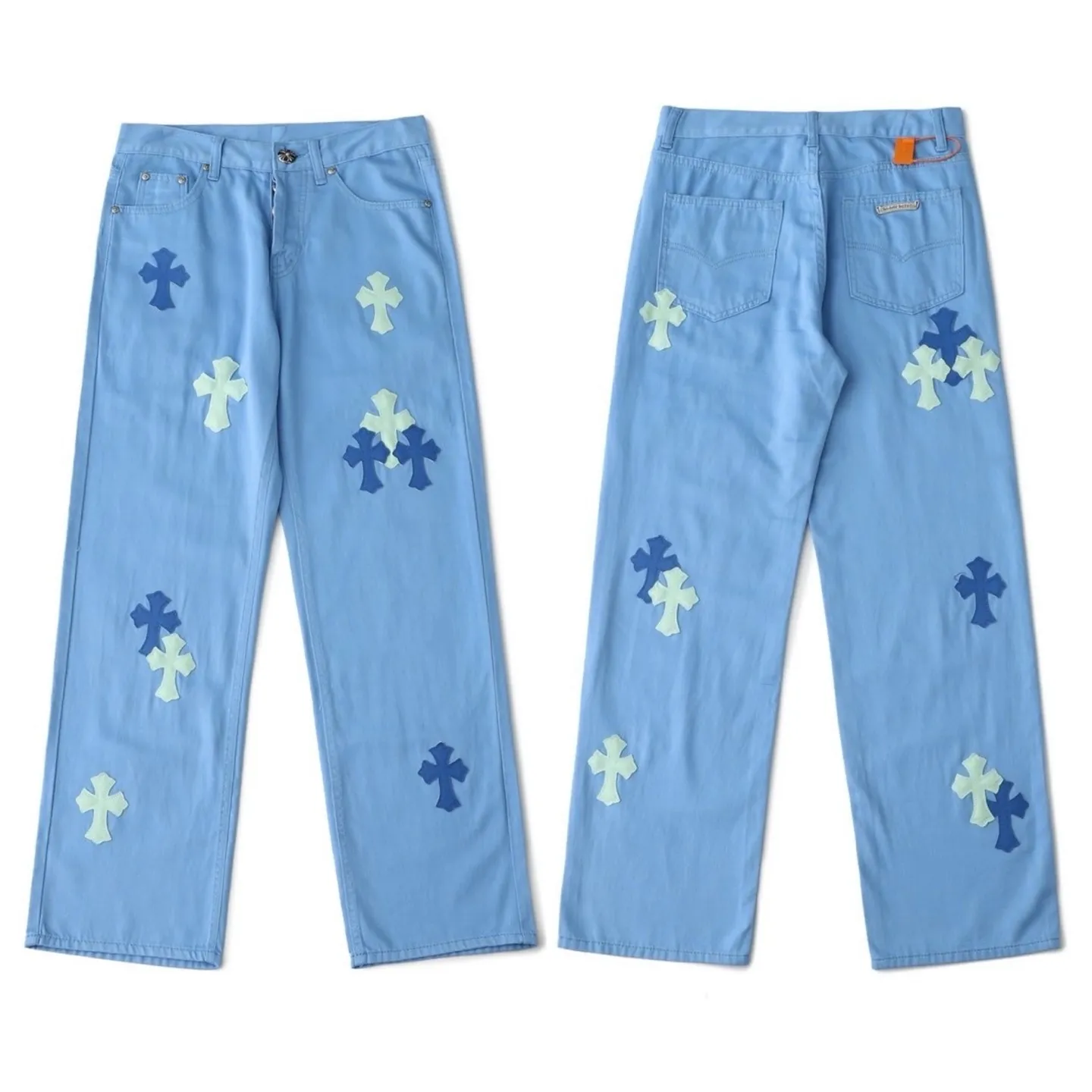 P270 💰 (Top version) CHROME HEARTS 25ss dopamine light blue cross-over leather washed jeans - Full of exploring the ultimate in fashion, Chrome Hearts' new Chrome Hearts pants not only present a unique style, the fresh ice blue color looks particularly youthful and energetic. The mid-high waist design is paired with a lazy and casual style, which not only shows long legs but also maintains a casual feel. It is a must-have fashion choice for trendy men and trendy women. Color: Dopamine light blue Size: 28-30-32-34 (corresponds to S-M-L-XL)